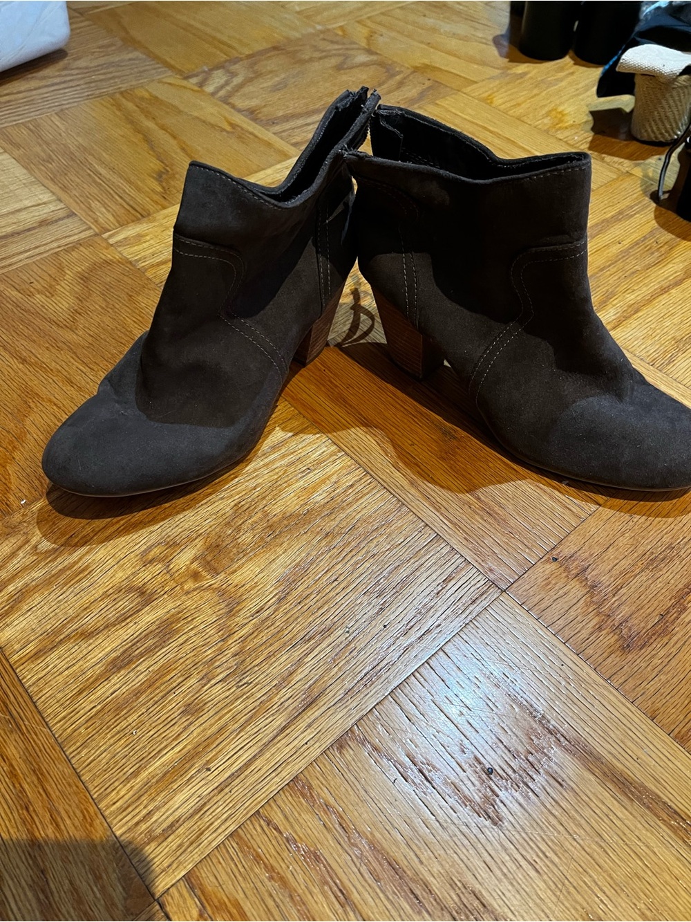 Report Dark Brown Suede Ankle Booties with Stacked Heel